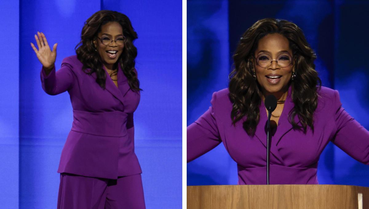 Oprah Winfrey Wears Purple Suit at DNC